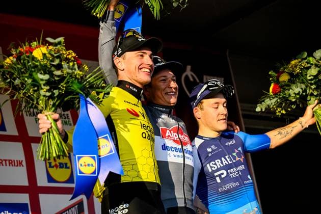 Dutch Olav Kooij of Team Visma-Lease a Bike, Belgian Jasper Philipsen of Alpecin-Deceuninck and French Hugo Hofstetter of Israel-Premier Tech pictured on the podium after the Kuurne-Brussels-Kuurne one day cycling race, 196,9 km from Kuurne to Kuurne via Brussels, Sunday 02 March 2025. DIRKxWAEM  x114027560x