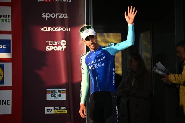 Kuurne - Brussel - Kuurne 2025 cycling race KUURNE, BELGIUM - MARCH 02 : De Bondt Dries (BEL) of Decathlon AG2R La Mondiale Team on the podium during the Men Elite UCI 1.Pro 77th Kuurne - Brussel - Kuurne cycling race of 203 kms with start in Kortrijk and finish in Kuurne on March 02, 2025 in Kuurne, Belgium, 02 03 2025 ( Motordriver Kenny Verfaillie & Kuurne Belgium  Copyright: xTomasxSiskx