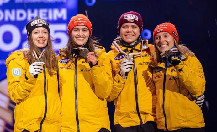 NORDIC SKIING - FIS Nordic WC Trondheim 2025 TRONDHEIM,NORWAY,02.MAR.25 - NORDIC SKIING, Ski jumping, Skispringen, Ski, nordisch - FIS Nordic World Ski Championships, normal hill, team, ladies, medal plaza, award ceremony. Image shows Juliane Seyfarth, Selina Freitag, Agnes Reisch and Katharina Schmid (GER). Keywords: medals. GEPAxpictures xHaraldxSteiner