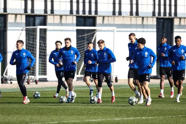 Club s players pictured during a training session of Belgian soccer Club Brugge KV, Monday 03 March 2025 in Brugge. Tomorrow, they will play against English club Aston Villa, on the first leg of the 1 8 finals of the UEFA Champions League knockout phase. BRUNOxFAHY  x114156390x