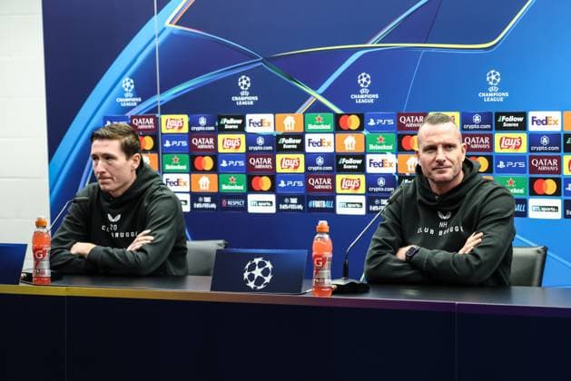 Club s Hans Vanaken and Club s head coach Nicky Hayen pictured during a press conference, PK, Pressekonferenz of Belgian soccer Club Brugge KV, Monday 03 March 2025 in Brugge. Tomorrow, they will play against English club Aston Villa, on the first leg of the 1 8 finals of the UEFA Champions League knockout phase. BRUNOxFAHY  x114164081x