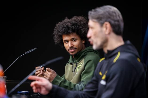 03.03.2025, Pressekonferenz zum UEFA Champions League Spiel zwischen Borussia Dortmund und OSC Lille, v. l. Karim Adeyemi (Borussia Dortmund), Trainer Niko Kovac (Borussia Dortmund), Dortmund Signal Iduna Park NRW Deutschland xRHR-FOTO DEx Copyright: DennisxEwert RHR-FOTOx RHR-FOTO DE
