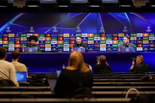 03.03.2025, Pressekonferenz zum UEFA Champions League Spiel zwischen Borussia Dortmund und OSC Lille, v. l. Karim Adeyemi (Borussia Dortmund). Trainer Niko Kovac (Borussia Dortmund), Pressesprecher Sven Westerschulze (Borussia Dortmund), Dortmund Signal Iduna Park NRW Deutschland xRHR-FOTO DEx Copyright: DennisxEwert RHR-FOTOx RHR-FOTO DE