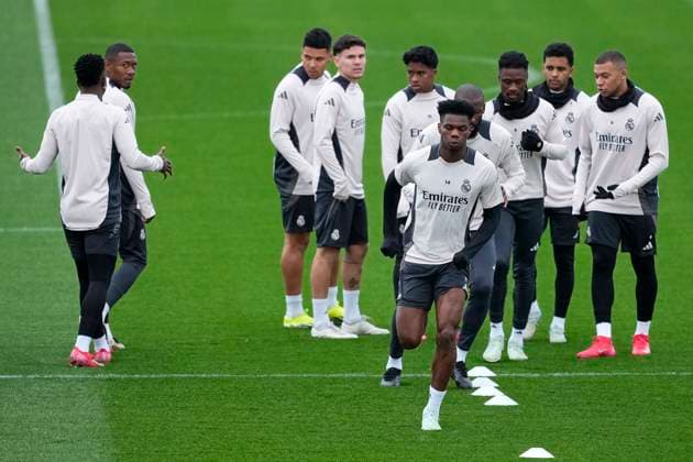 March 3, 2025, Valdebebas, Madrid, SPAIN: Aurelien Tchouameni during the training day ahead of the UEFA Champions League, football match against Atletico de Madrid, at Ciudad Deportiva Real Madrid on March 03, 2025, in Madrid, Spain. Valdebebas SPAIN - ZUMAa181 20250303_zaa_a181_146 Copyright: xOscarxJ.xBarrosox