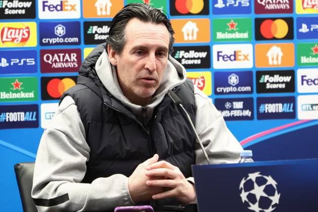 Aston Villa s head coach Unai Emery pictured during a press conference, PK, Pressekonferenz of English club Aston Villa, Monday 03 March 2025 in Brugge. Tomorrow, they will play against Belgian soccer Club Brugge KV, on the first leg of the 1 8 finals of the UEFA Champions League knockout phase. BRUNOxFAHY  x114179429x