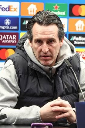 Aston Villa s head coach Unai Emery pictured during a press conference, PK, Pressekonferenz of English club Aston Villa, Monday 03 March 2025 in Brugge. Tomorrow, they will play against Belgian soccer Club Brugge KV, on the first leg of the 1 8 finals of the UEFA Champions League knockout phase. BRUNOxFAHY  x114179430x