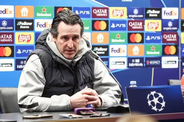 Sport Bilder des Tages Aston Villa s head coach Unai Emery pictured during a press conference, PK, Pressekonferenz of English club Aston Villa, Monday 03 March 2025 in Brugge. Tomorrow, they will play against Belgian soccer Club Brugge KV, on the first leg of the 1 8 finals of the UEFA Champions League knockout phase. BRUNOxFAHY  x114179591x