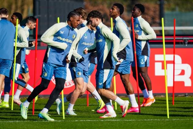 UEFA Champions League 2024-2025: training of Feyenoord Rotterdam - Djomar Giersthove of Feyenoord, Aymen Sliti of Feyenoord, Jeyland Mitchell of Feyenoord during the training of Feyenoord in preparation of the UEFA Champions League duel against Inter Milan at Trainingscomplex 1908 on 4 March 2025 in Rotterdam, The Netherlands. Copyright: xYannickxVerhoevenx
