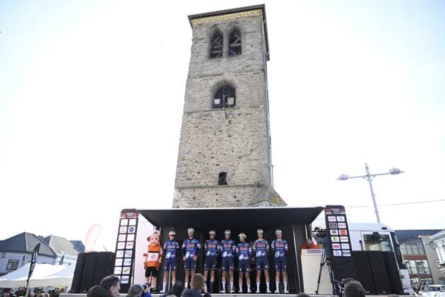 Soudal Quick-Step riders pictured at the start of the Ename Samyn Classic one day cycling race, 199,1km from Quaregnon to Dour on Tuesday 04 March 2025. TOM GOYVAERTS TomxGoyvaerts  x114211777x