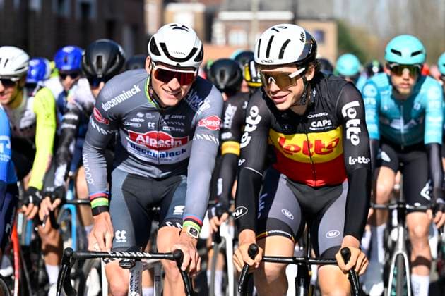 Samyn Classic 2025 DOUR, BELGIUM - MARCH 04 : Van Der Poel Mathieu (NED) of Alpecin - Deceuninck and De Lie Arnaud (BEL) of Lotto pictured during the 57th edition of the Samyn cycling race, with start in Quaregnon and finish in Dour after 199km of racing on March 4, 2025 in Dour, Belgium, 04 03 2025 Dour Belgium  Copyright: xJanxDexMeuleneirx