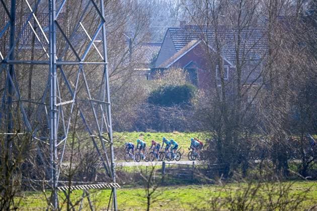 The pack of riders pictured in action during the Ename Samyn Classic one day cycling race, 199,1km from Quaregnon to Dour on Tuesday 04 March 2025. TOM GOYVAERTS TomxGoyvaerts  x114213617x