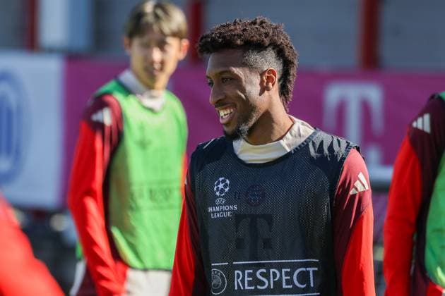 Kingsley Coman (FC Bayern Muenchen, 11) lachend beim Training, gute Laune, GER, Abschlusstraining, FC Bayern Muenchen, Fussball, UEFA Champions League, Achtelfinale Hinspiel, Saison 2024 2025, 04.03.2025, GER, Abschlusstraining, FC Bayern Muenchen, Fussball, UEFA Champions League, Achtelfinale Hinspiel, Saison 2024 2025, 04.03.2025 Muenchen Copyright: xEibner-Pressefoto JennixMaulx EP_JML