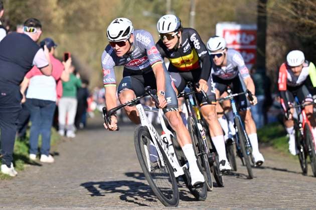Samyn Classic 2025 DOUR, BELGIUM - MARCH 04 : Van Der Poel Mathieu (NED) of Alpecin - Deceuninck and De Lie Arnaud (BEL) of Lotto pictured during the 57th edition of the Samyn cycling race, with start in Quaregnon and finish in Dour after 199km of racing on March 4, 2025 in Dour, Belgium, 04 03 2025 Dour Belgium  Copyright: xJanxDexMeuleneirx
