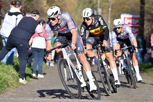 Samyn Classic 2025 DOUR, BELGIUM - MARCH 04 : Van Der Poel Mathieu (NED) of Alpecin - Deceuninck and De Lie Arnaud (BEL) of Lotto pictured during the 57th edition of the Samyn cycling race, with start in Quaregnon and finish in Dour after 199km of racing on March 4, 2025 in Dour, Belgium, 04 03 2025 Dour Belgium  Copyright: xJanxDexMeuleneirx