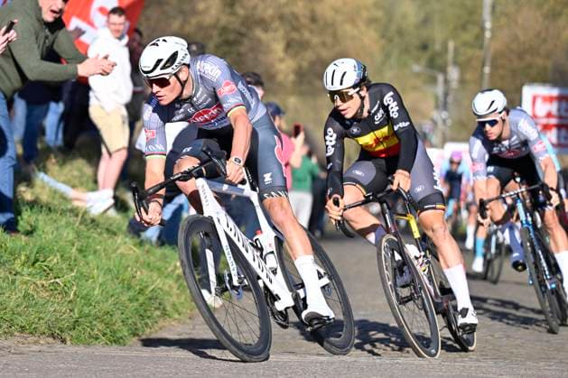 Samyn Classic 2025 DOUR, BELGIUM - MARCH 04 : Van Der Poel Mathieu (NED) of Alpecin - Deceuninck and De Lie Arnaud (BEL) of Lotto pictured during the 57th edition of the Samyn cycling race, with start in Quaregnon and finish in Dour after 199km of racing on March 4, 2025 in Dour, Belgium, 04 03 2025 Dour Belgium  Copyright: xJanxDexMeuleneirx