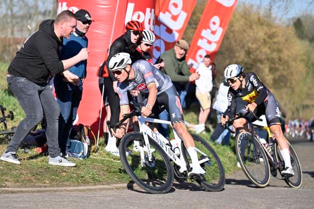 Samyn Classic 2025 DOUR, BELGIUM - MARCH 04 : Van Der Poel Mathieu (NED) of Alpecin - Deceuninck and De Lie Arnaud (BEL) of Lotto pictured during the 57th edition of the Samyn cycling race, with start in Quaregnon and finish in Dour after 199km of racing on March 4, 2025 in Dour, Belgium, 04 03 2025 Dour Belgium  Copyright: xJanxDexMeuleneirx