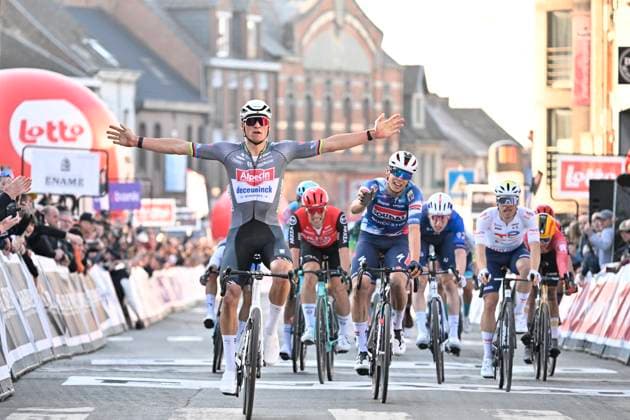 Samyn Classic 2025 DOUR, BELGIUM - MARCH 04 : Van Der Poel Mathieu (NED) of Alpecin - Deceuninck wins , Magnier Paul (BEL) of Soudal Quick-Step pictured during the 57th edition of the Samyn cycling race, with start in Quaregnon and finish in Dour after 199km of racing on March 4, 2025 in Dour, Belgium, 04 03 2025 Dour Belgium  Copyright: xJanxDexMeuleneirx