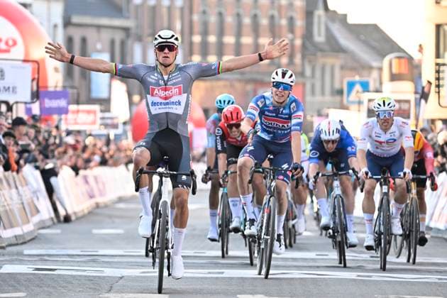Samyn Classic 2025 DOUR, BELGIUM - MARCH 04 : Van Der Poel Mathieu (NED) of Alpecin - Deceuninck wins , Magnier Paul (BEL) of Soudal Quick-Step pictured during the 57th edition of the Samyn cycling race, with start in Quaregnon and finish in Dour after 199km of racing on March 4, 2025 in Dour, Belgium, 04 03 2025 Dour Belgium  Copyright: xJanxDexMeuleneirx
