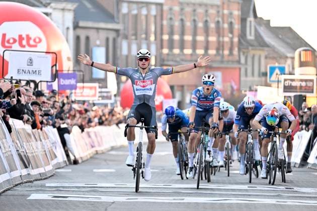 Samyn Classic 2025 DOUR, BELGIUM - MARCH 04 : Van Der Poel Mathieu (NED) of Alpecin - Deceuninck wins , Magnier Paul (BEL) of Soudal Quick-Step pictured during the 57th edition of the Samyn cycling race, with start in Quaregnon and finish in Dour after 199km of racing on March 4, 2025 in Dour, Belgium, 04 03 2025 Dour Belgium  Copyright: xJanxDexMeuleneirx