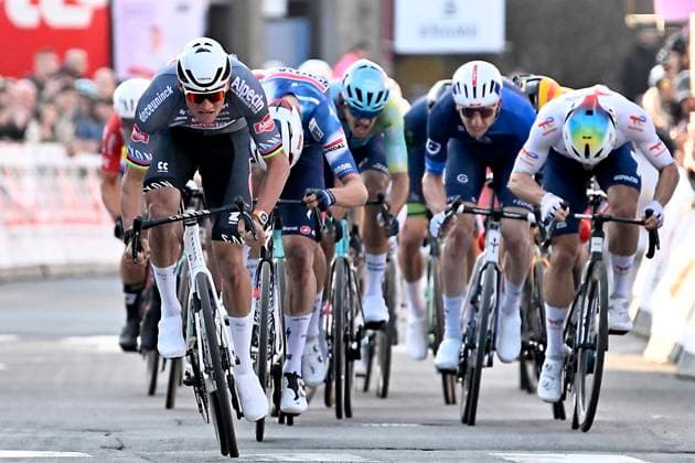 Samyn Classic 2025 DOUR, BELGIUM - MARCH 04 : Van Der Poel Mathieu (NED) of Alpecin - Deceuninck wins , Magnier Paul (BEL) of Soudal Quick-Step, Huppertz Joshua (GER) of Team Lotto Kern-Haus PSD Bank, Sentjens Sente (BEL) of Alpecin - Deceuninck, Edmondson Alex (GBR) of Team Picnic PostNL pictured during the 57th edition of the Samyn cycling race, with start in Quaregnon and finish in Dour after 199km of racing on March 4, 2025 in Dour, Belgium, 04 03 2025 Dour Belgium  Copyright: xJanxDexMeuleneirx