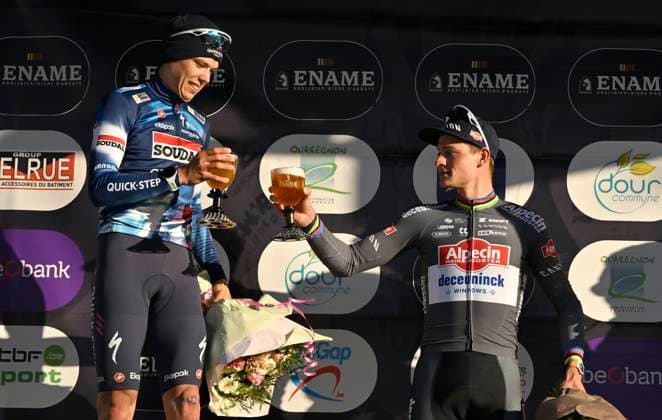 Samyn Classic 2025 DOUR, BELGIUM - MARCH 04 : Magnier Paul (BEL) of Soudal Quick-Step, Van Der Poel Mathieu (NED) of Alpecin - Deceuninck pictured during the podium ceremony of the 57th edition of the Samyn cycling race, with start in Quaregnon and finish in Dour after 199km of racing on March 4, 2025 in Dour, Belgium, 04 03 2025 Dour Belgium  Copyright: xJanxDexMeuleneirx