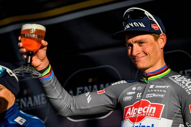 French Paul Magnier of Soudal Quick-Step and Dutch Mathieu van der Poel of Alpecin-Deceuninck pictured on the podium after the Ename Samyn Classic one day cycling race, 199,1km from Quaregnon to Dour on Tuesday 04 March 2025. TOM GOYVAERTS TomxGoyvaerts  x114224017x