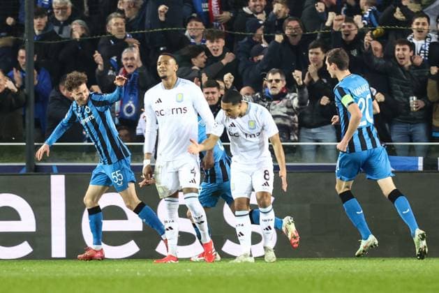 Club s Maxim De Cuyper celebrates after scoring during a soccer game between Belgian Club Brugge KV and English Aston Villa FC, Tuesday 04 March 2025 in Brugge, the first leg of the 1 8 finals of the UEFA Champions League knockout phase. BRUNOxFAHY  x114227250x