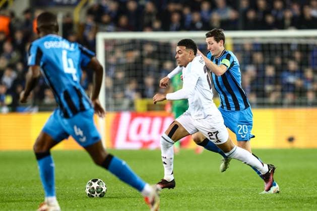 Aston Villa s Morgan Rogers and Club s Hans Vanaken fight for the ball during a soccer game between Belgian Club Brugge KV and English Aston Villa FC, Tuesday 04 March 2025 in Brugge, the first leg of the 1 8 finals of the UEFA Champions League knockout phase. BRUNOxFAHY  x114227490x
