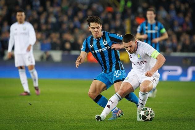 Club s Ardon Jashari and Aston Villa s John McGinn fight for the ball during a soccer game between Belgian Club Brugge KV and English Aston Villa FC, Tuesday 04 March 2025 in Brugge, the first leg of the 1 8 finals of the UEFA Champions League knockout phase. KURTxDESPLENTER  x114227762x