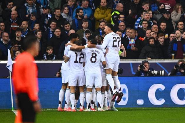 Club Brugge v Aston Villa - UEFA Champions League BRUGGE, BELGIUM - MARCH 04 : Players of Aston Villa celebrating scoring a goal during the UEFA Champions League 2024 25 round of 16 match first round between Club Brugge and Aston Villa on March 4, 2025 in Brugge, Belgium, 04 03 2025 Brugge Belgium  Copyright: xGvgx