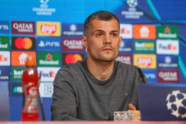 Granit Xhaka (Bayer 04 Leverkusen, 34) bei der Pressekonferenz, GER, Internationale Pressekonferenz, Bayer 04 Leverkusen, Fussball, UEFA Champions League, Achtelfinale Hinspiel, Saison 2024 2025, 04.03.2025, GER, Internationale Pressekonferenz, Bayer 04 Leverkusen, Fussball, UEFA Champions League, Achtelfinale Hinspiel, Saison 2024 2025, 04.03.2025 Muenchen Copyright: xEibner-Pressefoto JennixMaulx EP_JML