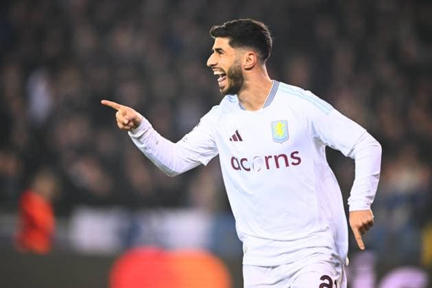 Club Brugge v Aston Villa - UEFA Champions League BRUGGE, BELGIUM - MARCH 04 : Asensio Marco forward of Aston Villa celebrates after Mechele Brandon defender of Club Brugge scoring an own-goal during the UEFA Champions League 2024 25 round of 16 match first round between Club Brugge and Aston Villa on March 4, 2025 in Brugge, Belgium, 04 03 2025 Brugge Belgium  Copyright: xGvgx