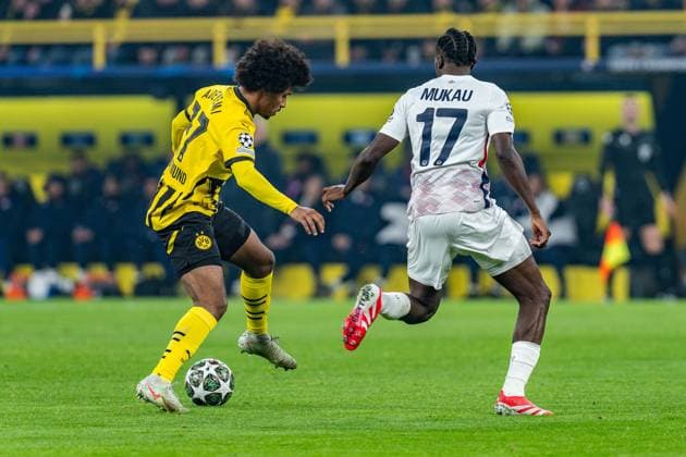 04.03.2025, Borussia Dortmund vs. OSC Lille, UEFA Champions League, Achtelfinale-Hinspiel Karim Adeyemi (Borussia Dortmund, 27) Ngalayel Mukau (OSC Lille, 17) Copyright: xBahhoxKarax