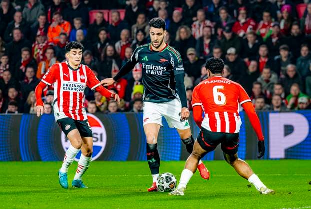 Arsenal midfielder Mikel Merino during the match PSV - Arsenal at the Philips stadium for the UEFA Champions League- Round of 16 - 1st leg season 2024-2025 in EINDHOVEN, Netherlands on 4 march 2025, (photo by Marcel van Dorst EYE4images DeFodi Images)