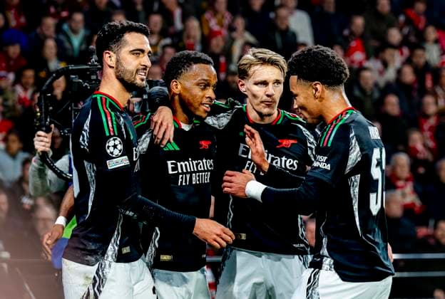 Arsenal defender Jurrien Timber scores the 0-1 and celebrating the goal during the match PSV - Arsenal at the Philips stadium for the UEFA Champions League- Round of 16 - 1st leg season 2024-2025 in EINDHOVEN, Netherlands on 4 march 2025, (photo by Marcel van Dorst EYE4images DeFodi Images)
