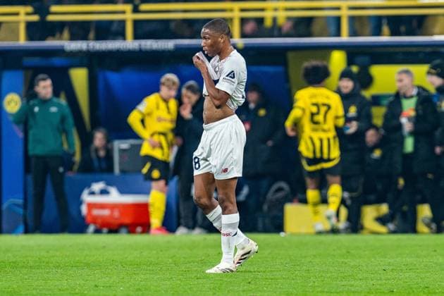 04.03.2025, Borussia Dortmund vs. OSC Lille, UEFA Champions League, Achtelfinale-Hinspiel Tor zum 1:0 durch Karim Adeyemi (Borussia Dortmund, 27) Bafode Diakite (OSC Lille, 18) Copyright: xBahhoxKarax