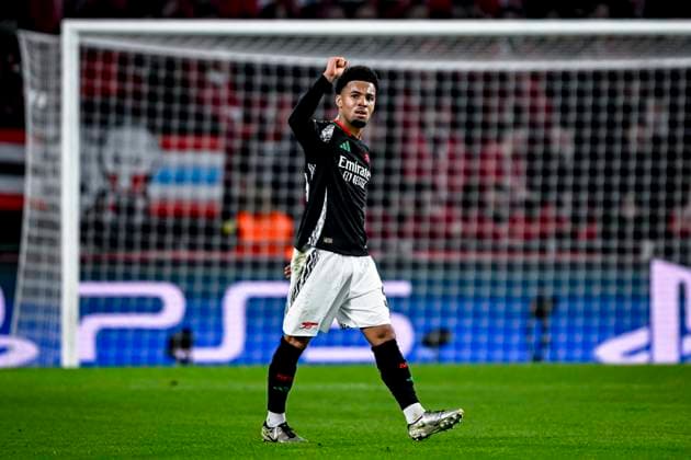 Arsenal midfielder Ethan Nwaneri celebrating the goal 0-2, during the match PSV - Arsenal at the Philips stadium for the UEFA Champions League- Round of 16 - 1st leg season 2024-2025 in EINDHOVEN, Netherlands on 4 march 2025, (photo by Stefan Koops EYE4images DeFodi Images)