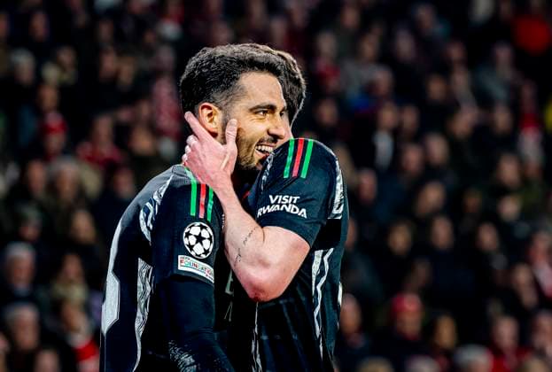 Arsenal midfielder Mikel Merino celebrating the goal during the match PSV - Arsenal at the Philips stadium for the UEFA Champions League- Round of 16 - 1st leg season 2024-2025 in EINDHOVEN, Netherlands on 4 march 2025, (photo by Marcel van Dorst EYE4images DeFodi Images)
