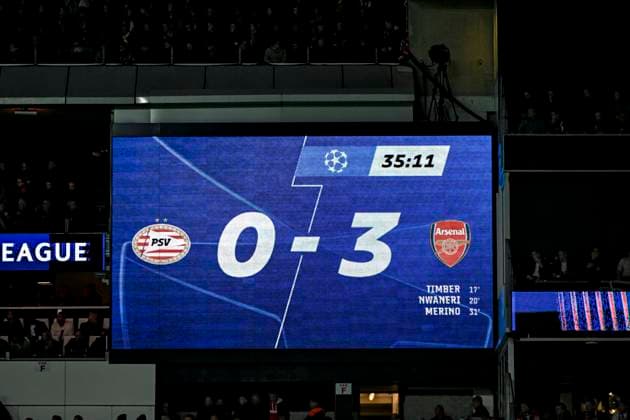 Score after 35 min, during the match PSV - Arsenal at the Philips stadium for the UEFA Champions League- Round of 16 - 1st leg season 2024-2025 in EINDHOVEN, Netherlands on 4 march 2025, (photo by Stefan Koops EYE4images DeFodi Images)