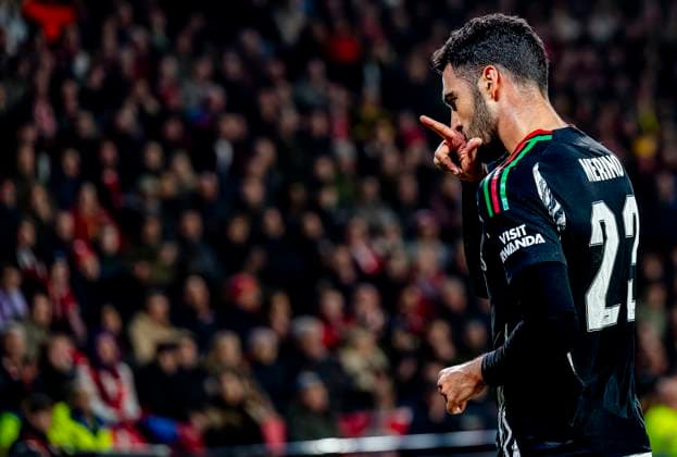 Arsenal midfielder Mikel Merino celebrating the goal during the match PSV - Arsenal at the Philips stadium for the UEFA Champions League- Round of 16 - 1st leg season 2024-2025 in EINDHOVEN, Netherlands on 4 march 2025, (photo by Marcel van Dorst EYE4images DeFodi Images)