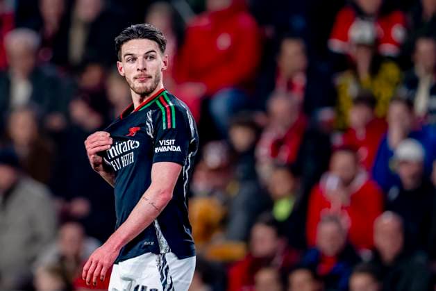 Arsenal midfielder Declan Rice during the match PSV - Arsenal at the Philips stadium for the UEFA Champions League- Round of 16 - 1st leg season 2024-2025 in EINDHOVEN, Netherlands on 4 march 2025, (photo by Marcel van Dorst EYE4images DeFodi Images)