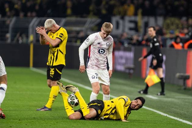 GER, UEFA Champions League, Borussia Dortmund vs OSC Lille 04.03.2025, Signal Iduna Park, Dortmund, GER, UEFA Champions League, Borussia Dortmund vs OSC Lille Im Bild: Foul an Emre Can (BV Borussia Dortmund, 23) Hakon Hakon Arnar Haraldsson (OSC Lille, 7)