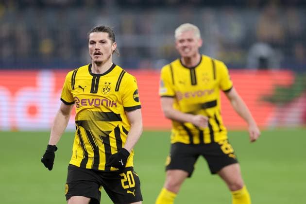 04.03.2025, UEFA Champions League, Achtelfinale, Borussia Dortmund - Lille OSC, v. l. Marcel Sabitzer (Borussia Dortmund), Julian Ryerson (Borussia Dortmund), Dortmund Signal Iduna Park NRW Deutschland xRHR-FOTO DEx Copyright: DennisxEwert RHR-FOTOx RHR-FOTO DE