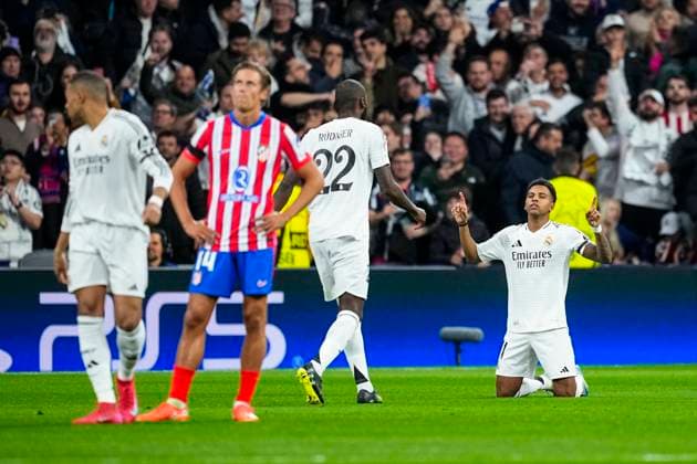 March 4, 2025, Madrid, Madrid, SPAIN: Rodrygo Goes of Real Madrid celebrates a goal during the UEFA Champions League 2024 25 League Round of 16 First Leg match between Real Madrid CF and Atletico de Madrid, at Santiago Bernabeu stadium on March 04, 2025, in Madrid, Spain. Madrid SPAIN - ZUMAa181 20250304_zaa_a181_065 Copyright: xOscarxJ.xBarrosox