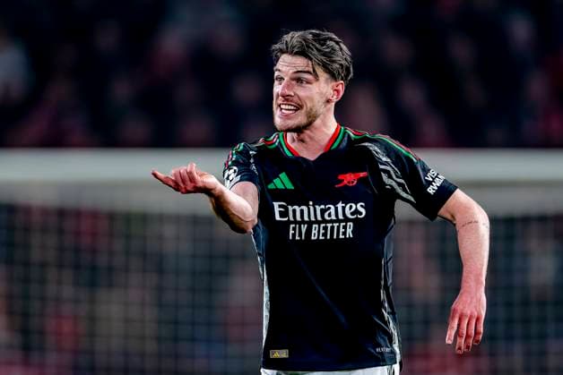 Arsenal midfielder Declan Rice during the match PSV - Arsenal at the Philips stadium for the UEFA Champions League- Round of 16 - 1st leg season 2024-2025 in EINDHOVEN, Netherlands on 4 march 2025, (photo by Marcel van Dorst EYE4images DeFodi Images)