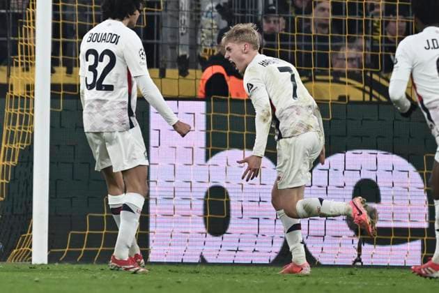 Hakon Haraldsson (Lille OSC 7) jubelt nach dem Tor zum 1:1 04.03.2025 Fussball, Champions League, Borussia Dortmund vs Lille OSC, Signal Iduna Park, Dortmund,
