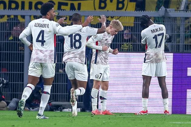 04.03.2025, Fußball, UEFA Champions League, Borussia Dortmund - OSC Lille, Signal Iduna Park, Runde der 16, Saison 2024 2025: Torjubel nach dem 1:1 Ausgleich durch Torschütze Hakon Arnar Haraldsson (LOSC Lille 7) Nordrhein-Westfalen Deutschland
