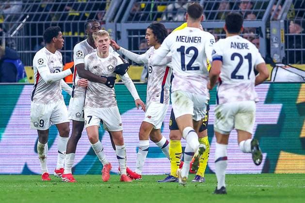 04.03.2025, Fußball, UEFA Champions League, Borussia Dortmund - OSC Lille, Signal Iduna Park, Runde der 16, Saison 2024 2025: Torjubel nach dem 1:1 Ausgleich durch Torschütze Hakon Arnar Haraldsson (LOSC Lille 7) Nordrhein-Westfalen Deutschland