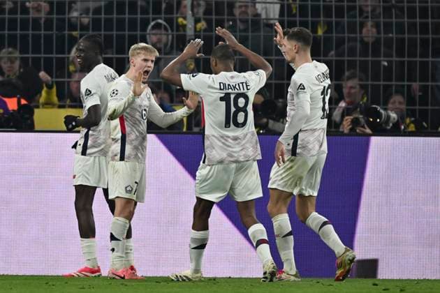 Hakon Haraldsson (Lille OSC 7) jubelt nach dem Tor zum 1:1 mit der Mannschaft 04.03.2025 Fussball, Champions League, Borussia Dortmund vs Lille OSC, Signal Iduna Park, Dortmund,