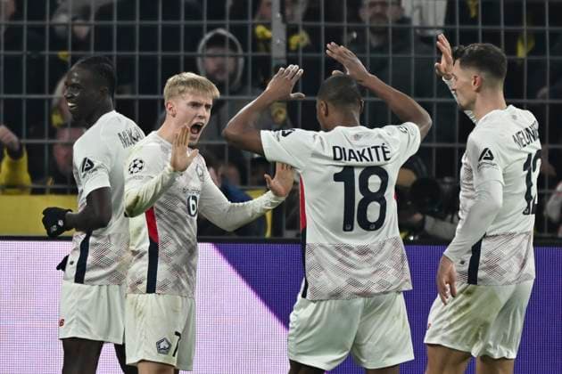 Hakon Haraldsson (Lille OSC 7) jubelt nach dem Tor zum 1:1 mit der Mannschaft 04.03.2025 Fussball, Champions League, Borussia Dortmund vs Lille OSC, Signal Iduna Park, Dortmund,